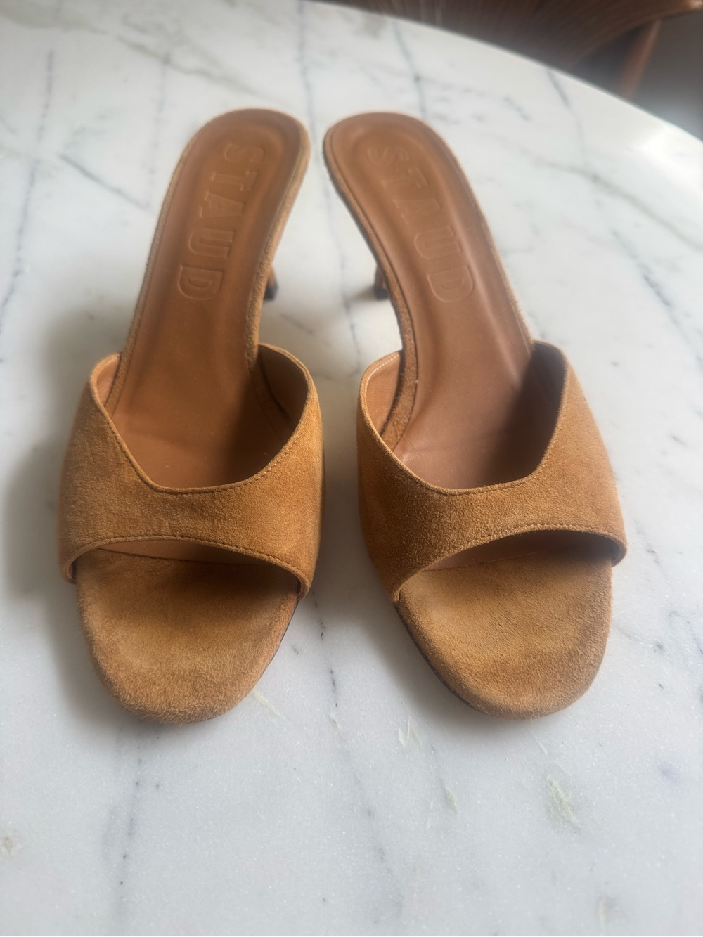 Staud Suede Open-Toe Mule in Tan